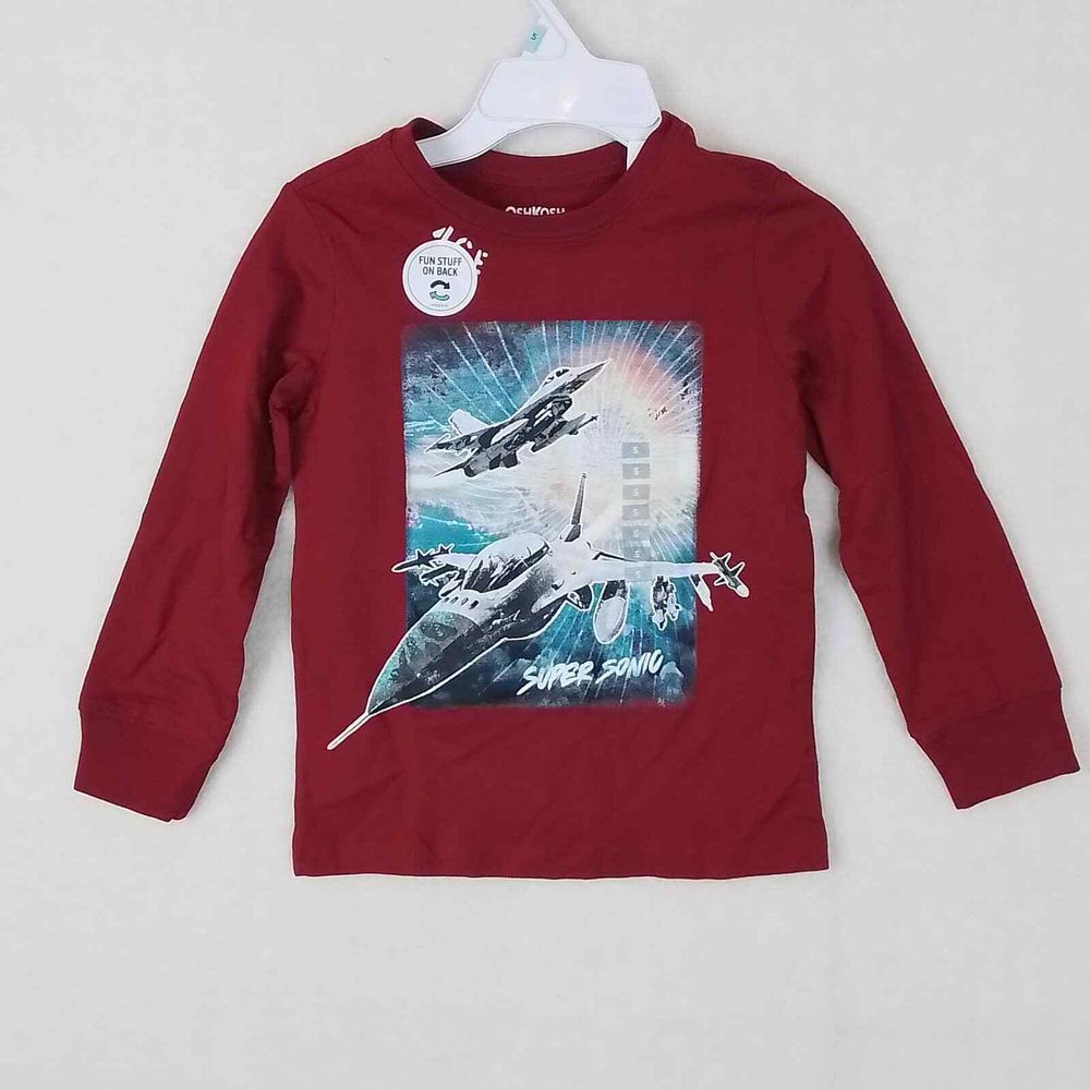 OshKosh Long Sleeve Cotton Tee Size 5 in Red w/ Fighter‎ Jet Theme